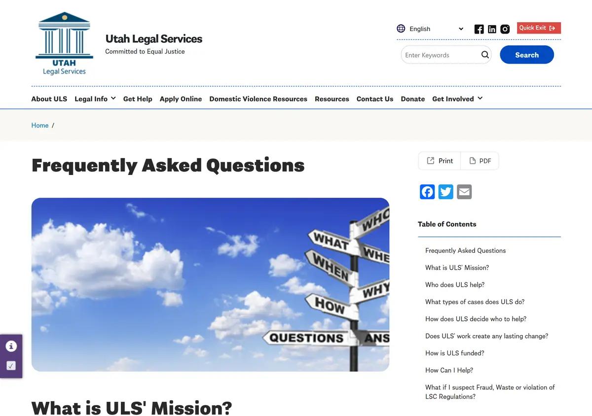 The Utah Legal Services get-help intake page.