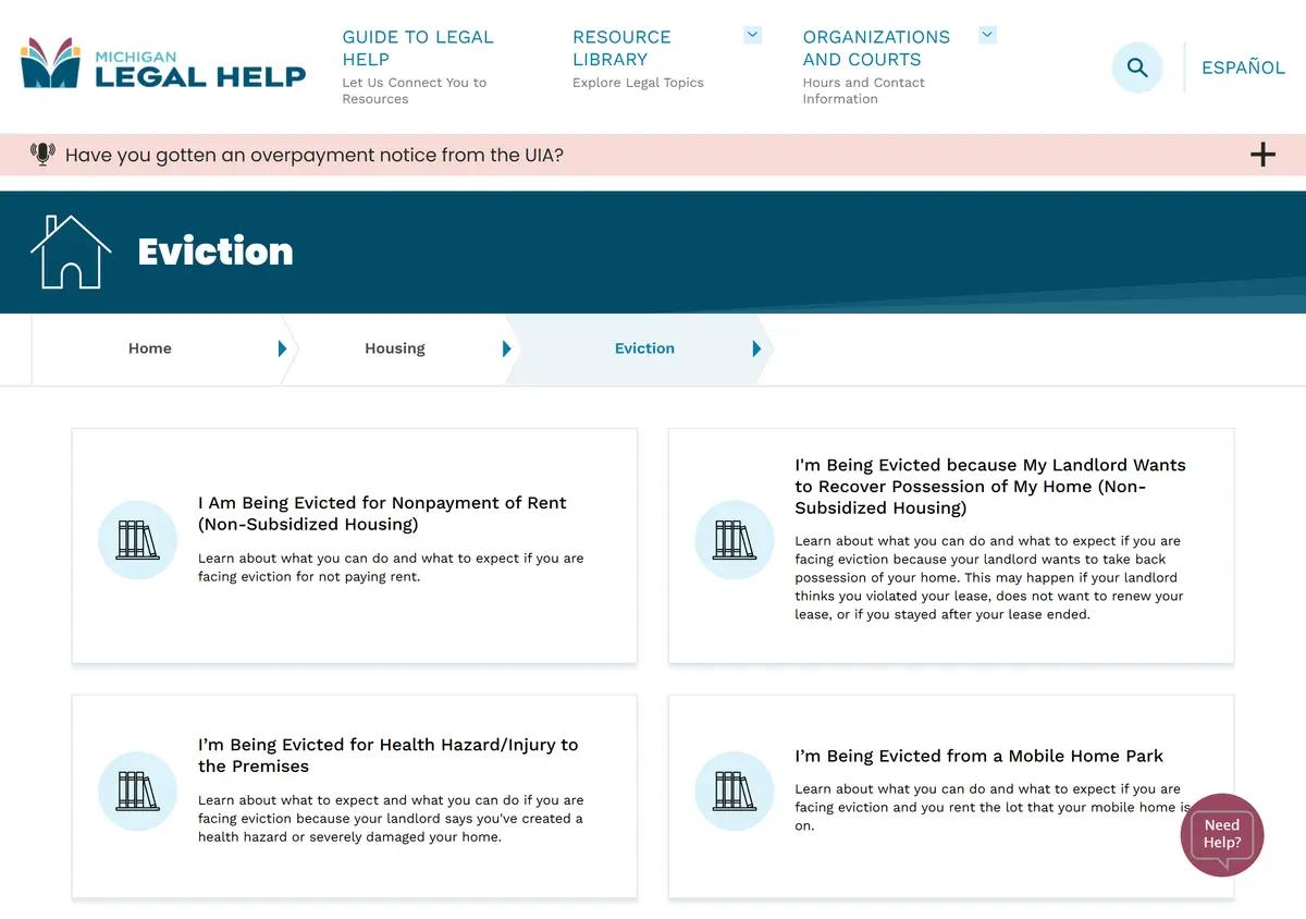 The Michigan Legal Help eviction information page.