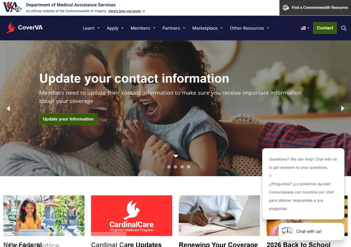 The Cover Virginia homepage with Cardinal Care branding.