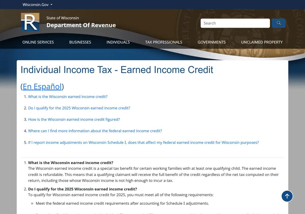 The Wisconsin Department of Revenue earned income credit page.