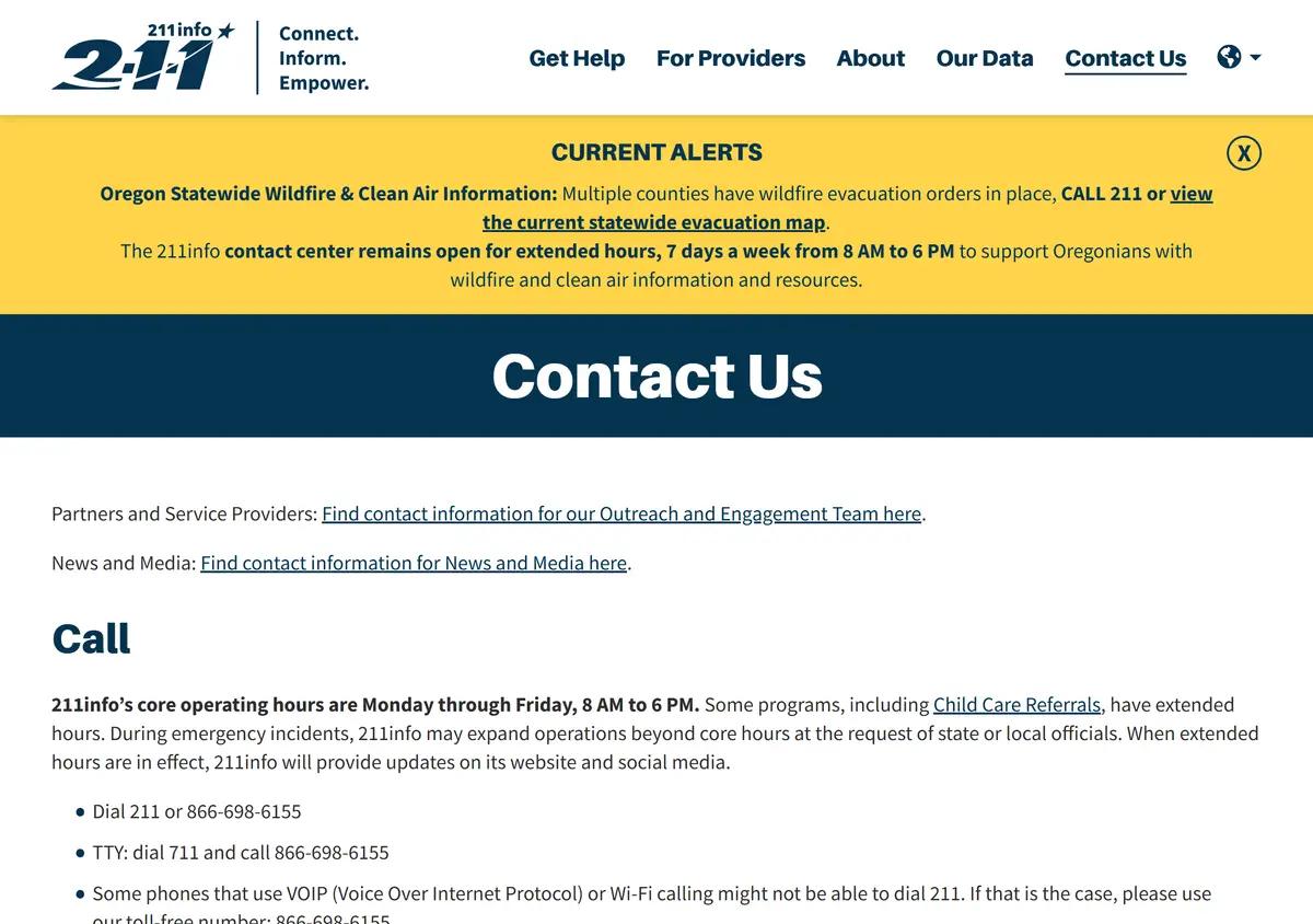 The 211info contact page with phone, text, and email options.