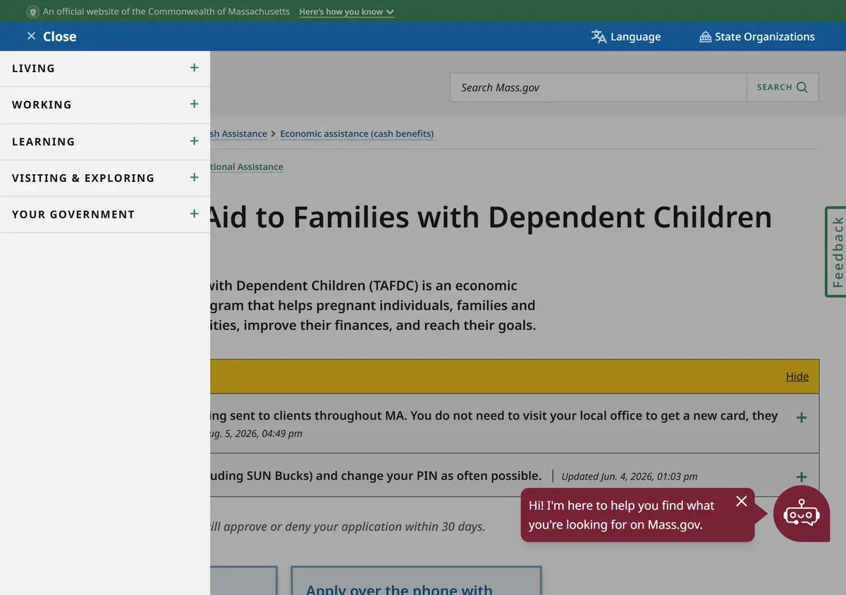 The Massachusetts apply-for-TAFDC page.
