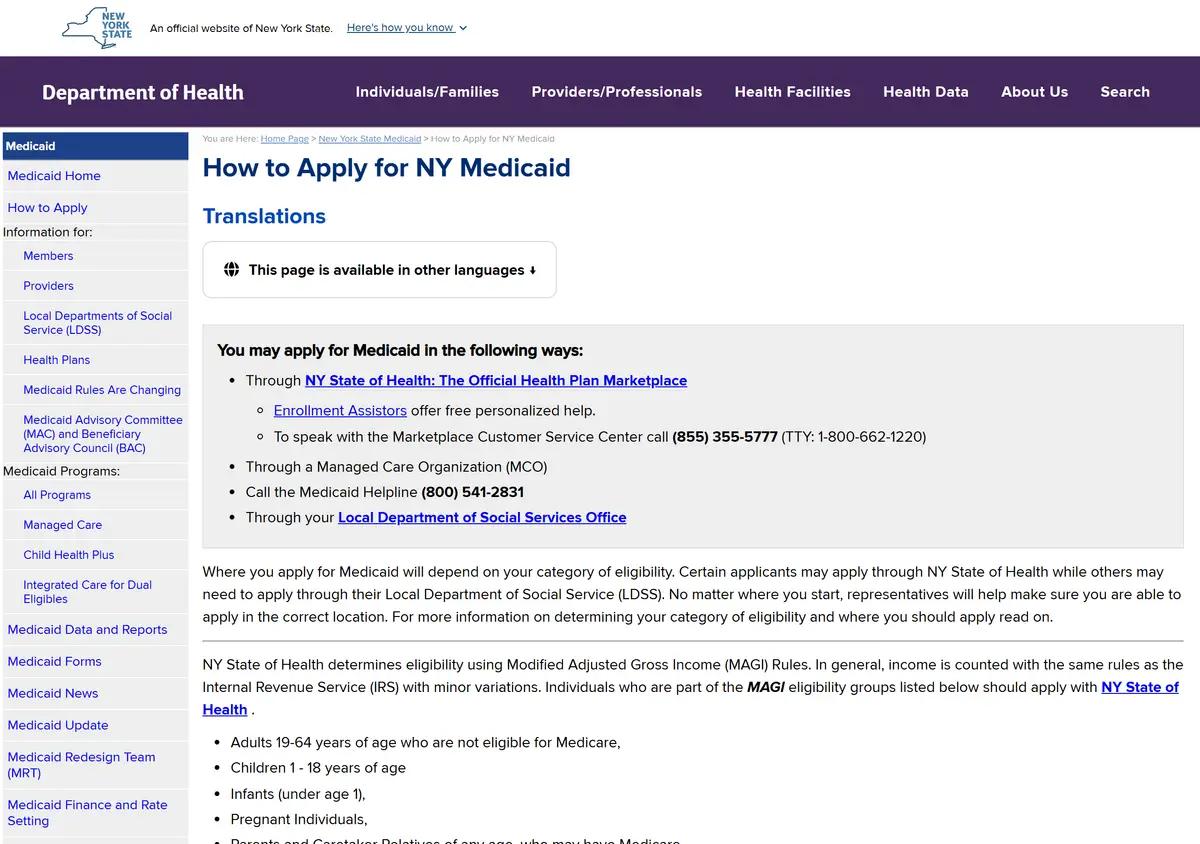 The NYS Department of Health page explaining how to apply for Medicaid in New York.