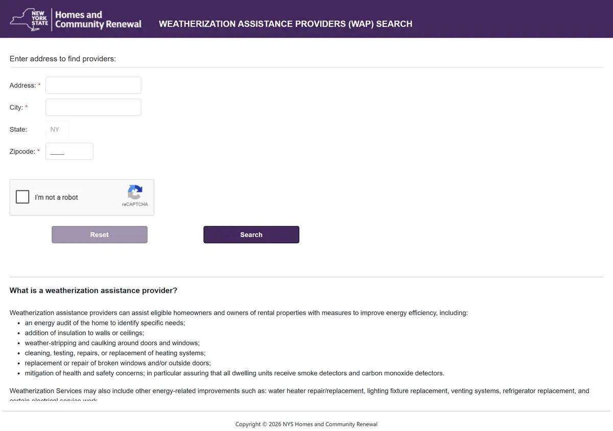 HCR's weatherization provider directory for finding the agency serving your New York county.