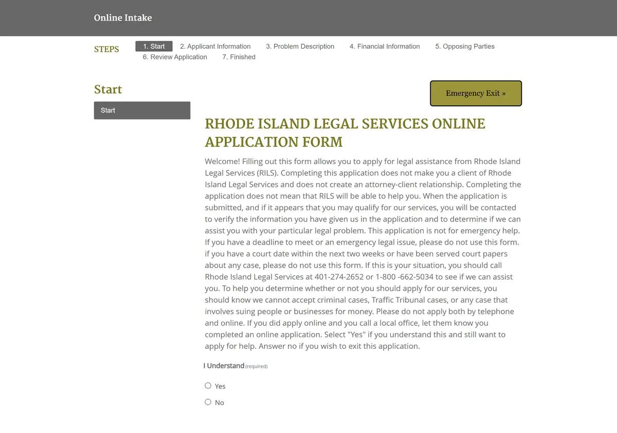 The Rhode Island Legal Services online intake application.