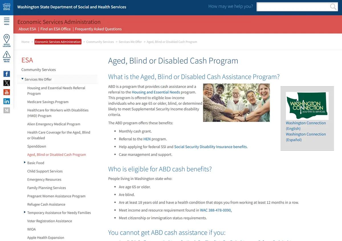 The DSHS Aged, Blind or Disabled cash program page.