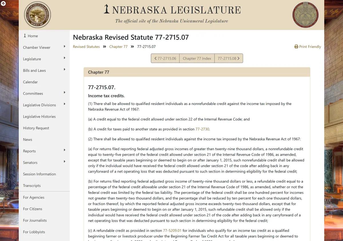 The Nebraska Legislature page for statute 77-2715.07 on the earned income credit.