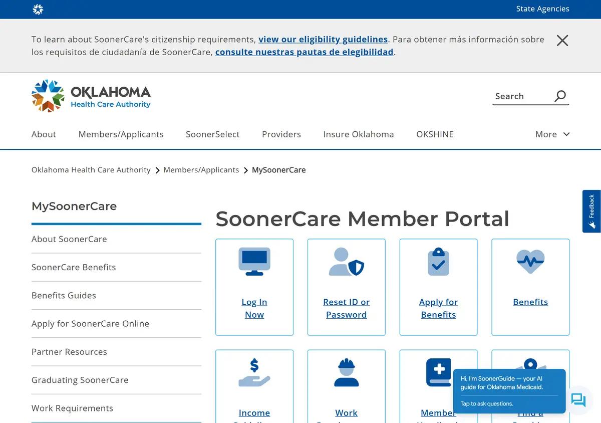 The Oklahoma Health Care Authority MySoonerCare page.