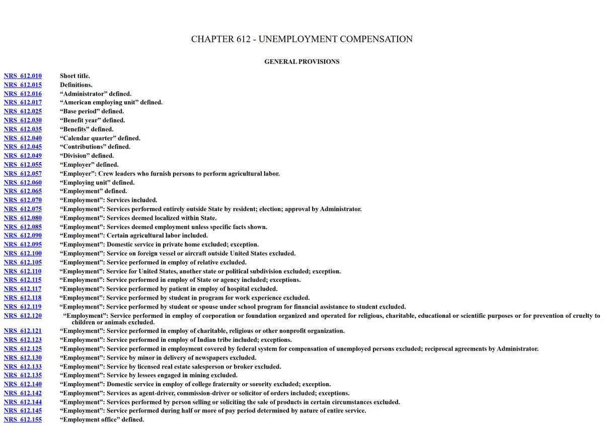 The Nevada Revised Statutes chapter 612 on unemployment.