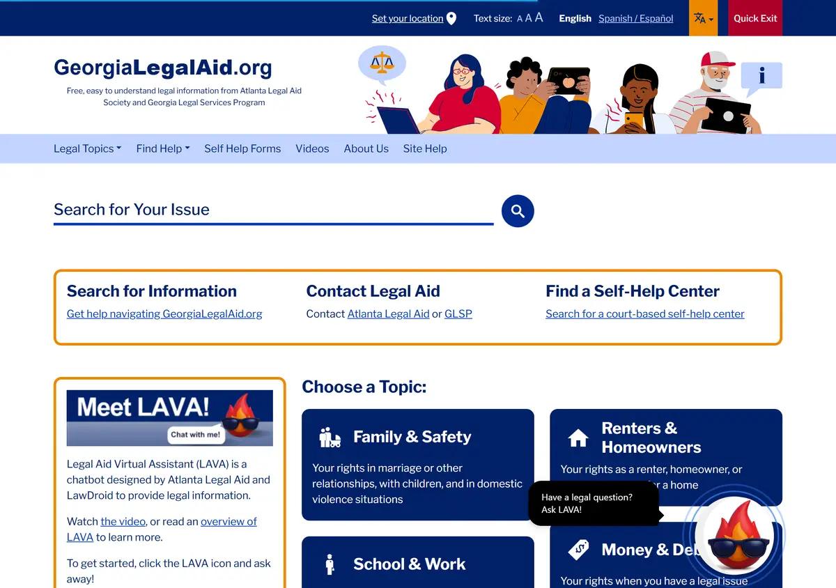The GeorgiaLegalAid.org homepage with legal topics and self-help tools.