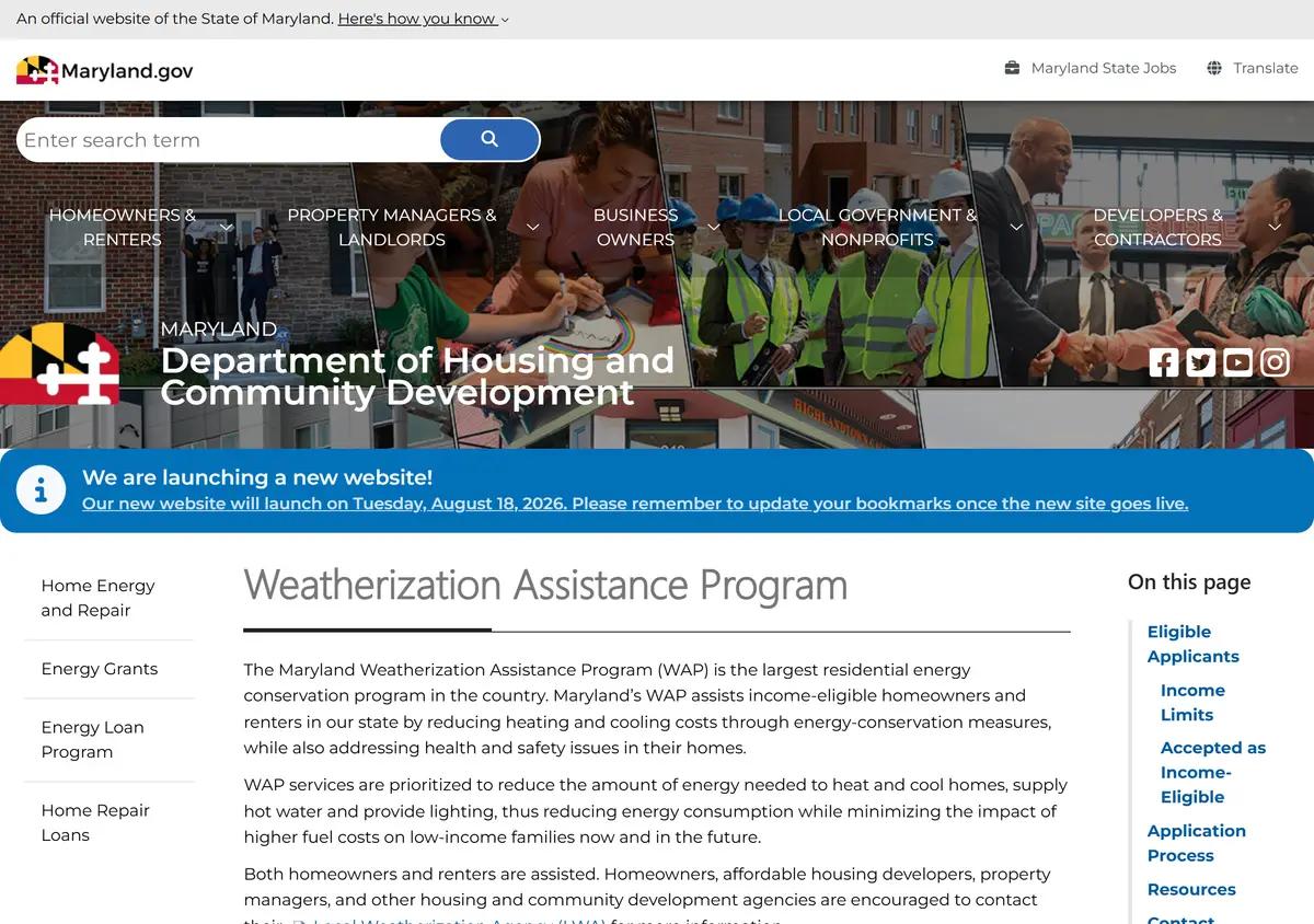 The Maryland DHCD Weatherization Assistance Program page.
