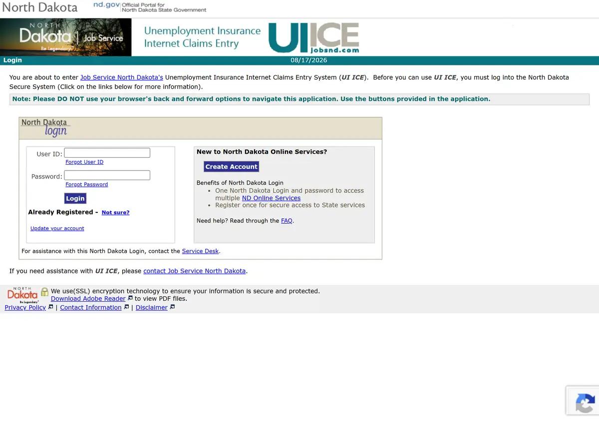 The North Dakota UI ICE unemployment claims login.