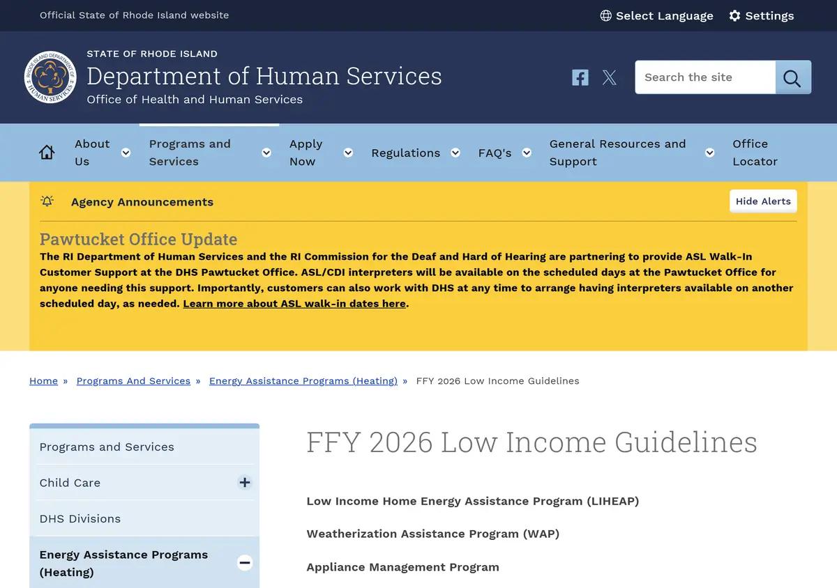 The Rhode Island DHS FFY 2026 low-income guidelines page.