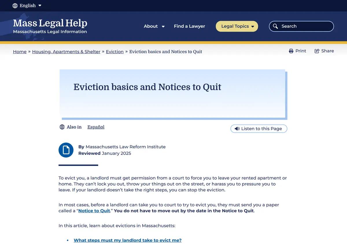 The MassLegalHelp eviction basics and notices-to-quit page.