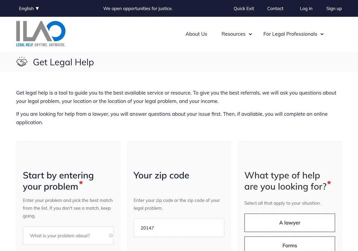 The Get Legal Help routing tool on IllinoisLegalAid.org.
