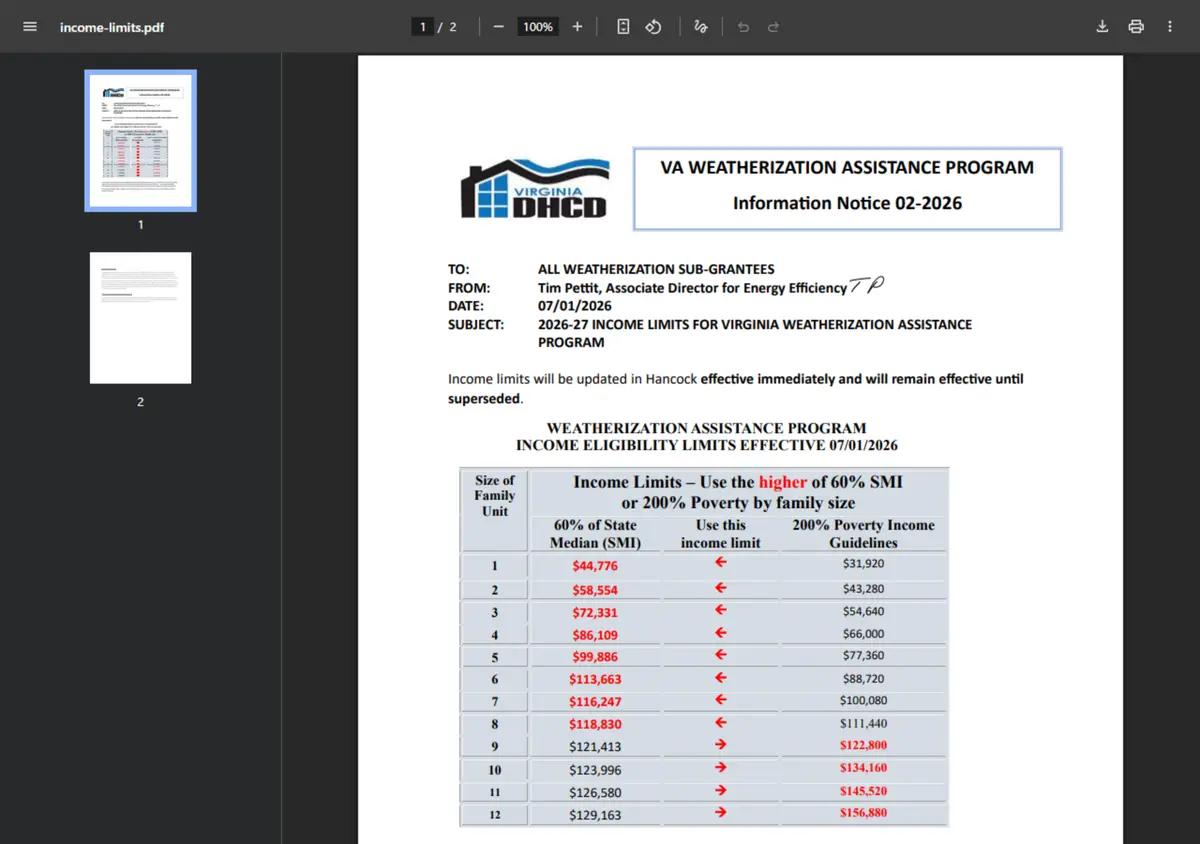 The 2026-27 weatherization income limits document.