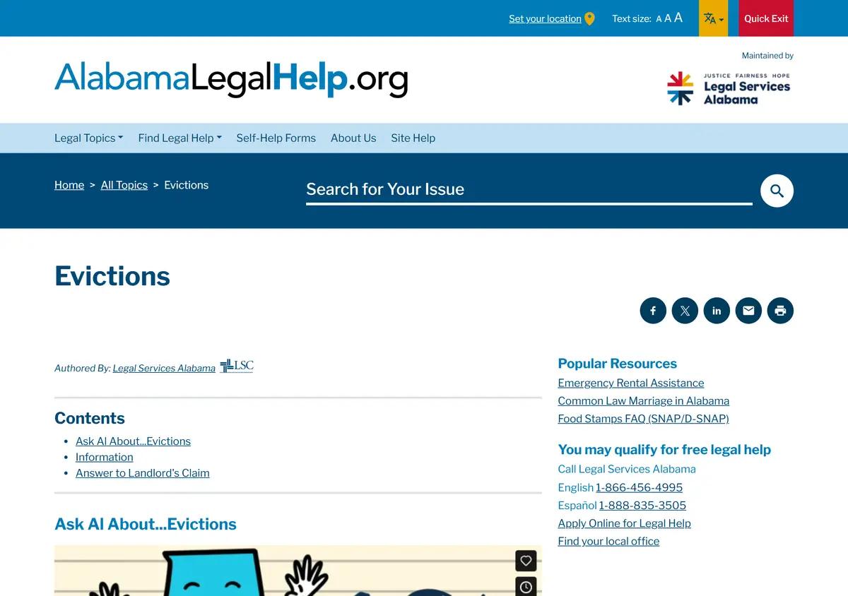 The Alabama Legal Help evictions resource page.