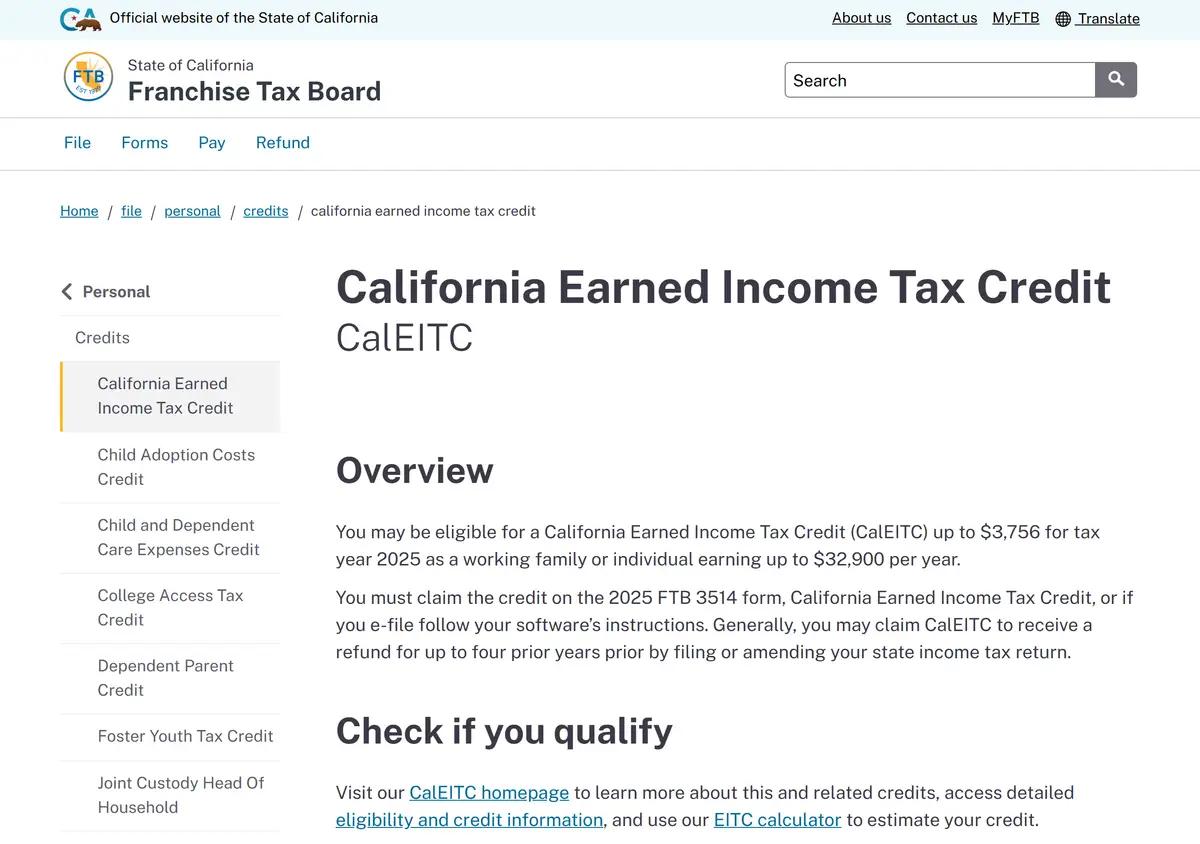 The Franchise Tax Board CalEITC page.
