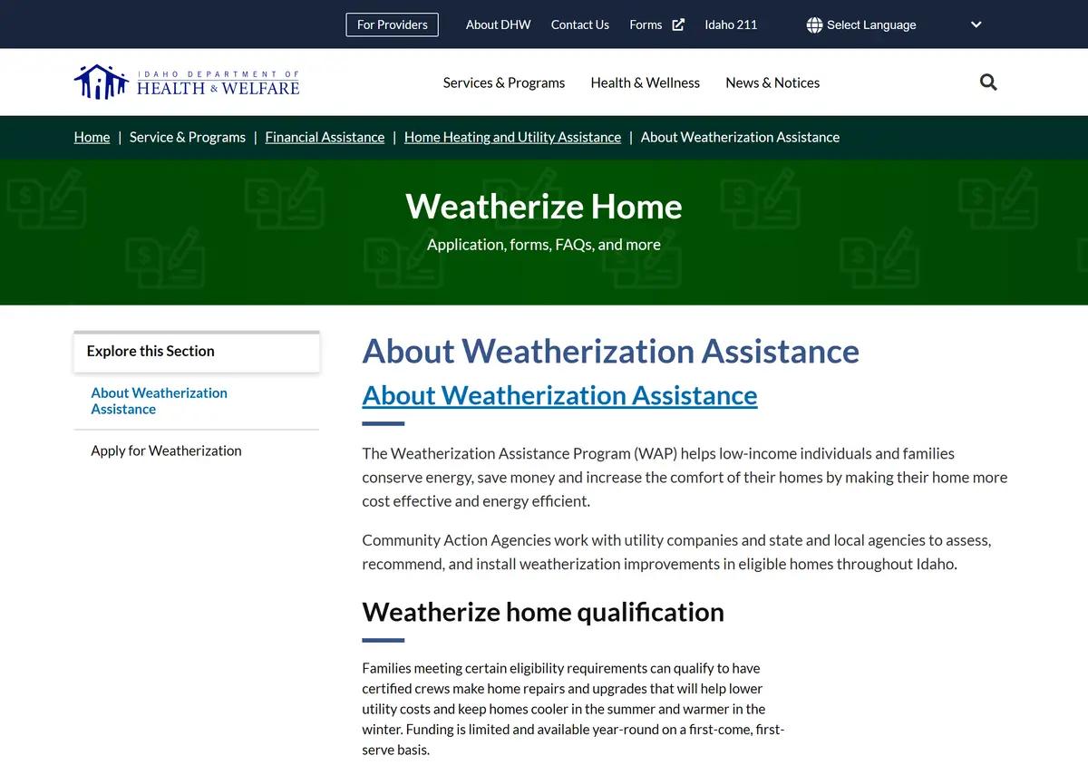 The Idaho Department of Health and Welfare About Weatherization page.