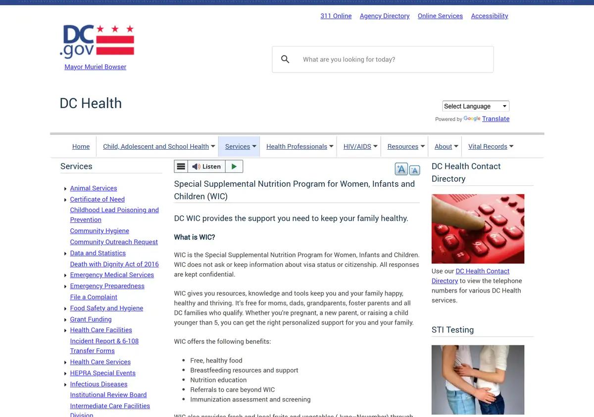 The DC Health WIC program page.