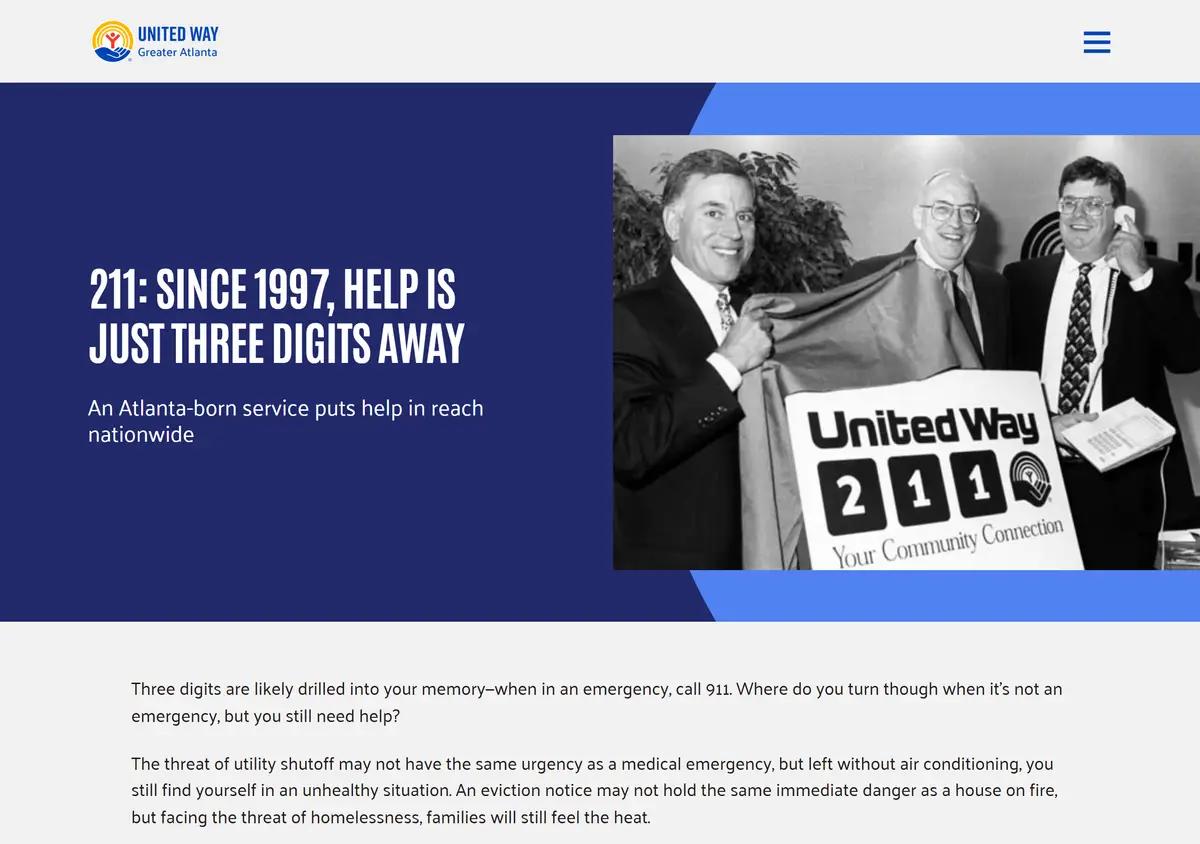 The United Way of Greater Atlanta 211 page with call, text, and chat options.