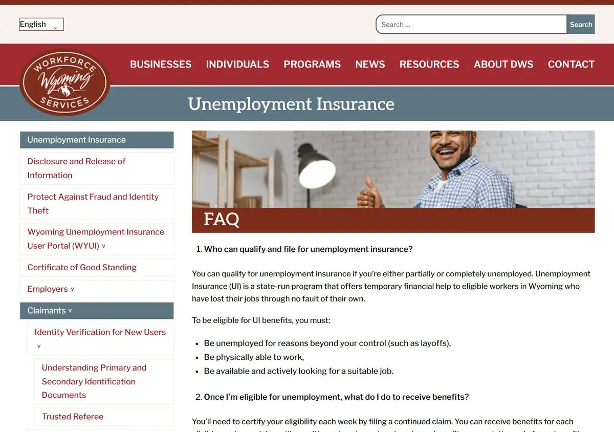 The Wyoming unemployment insurance FAQ page.