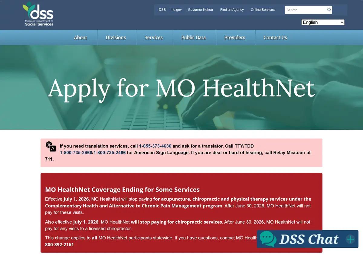 The Missouri MO HealthNet apply page.