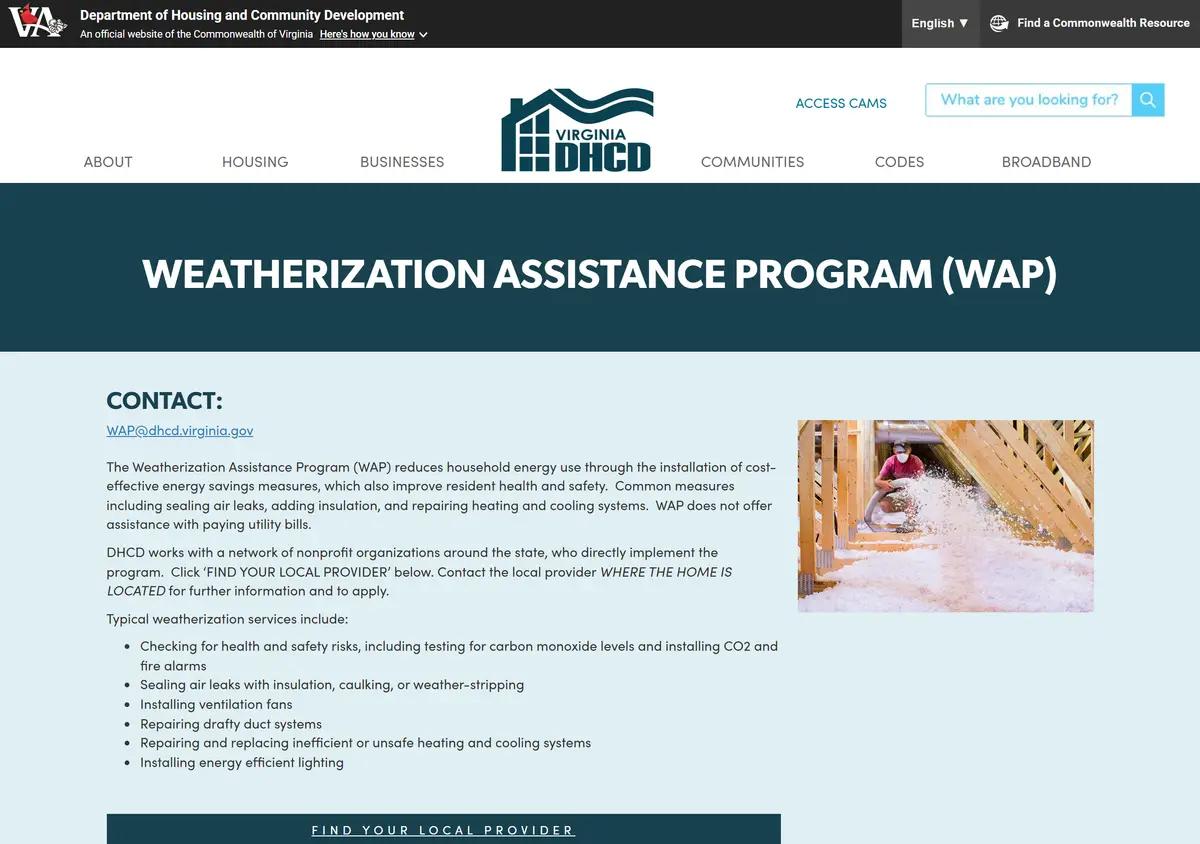The DHCD weatherization page with services and the provider lookup.