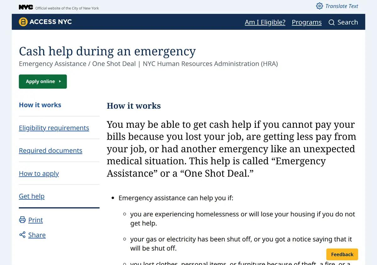 The ACCESS NYC One Shot Deal page explaining one-time emergency assistance for NYC residents.