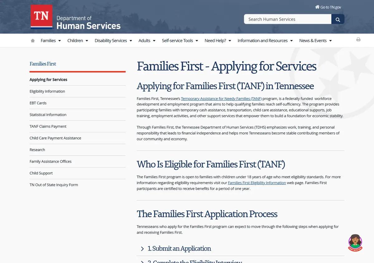 The Tennessee Families First applying-for-services page.