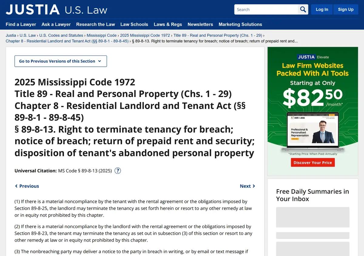 Mississippi Code section 89-8-13 on eviction notices.