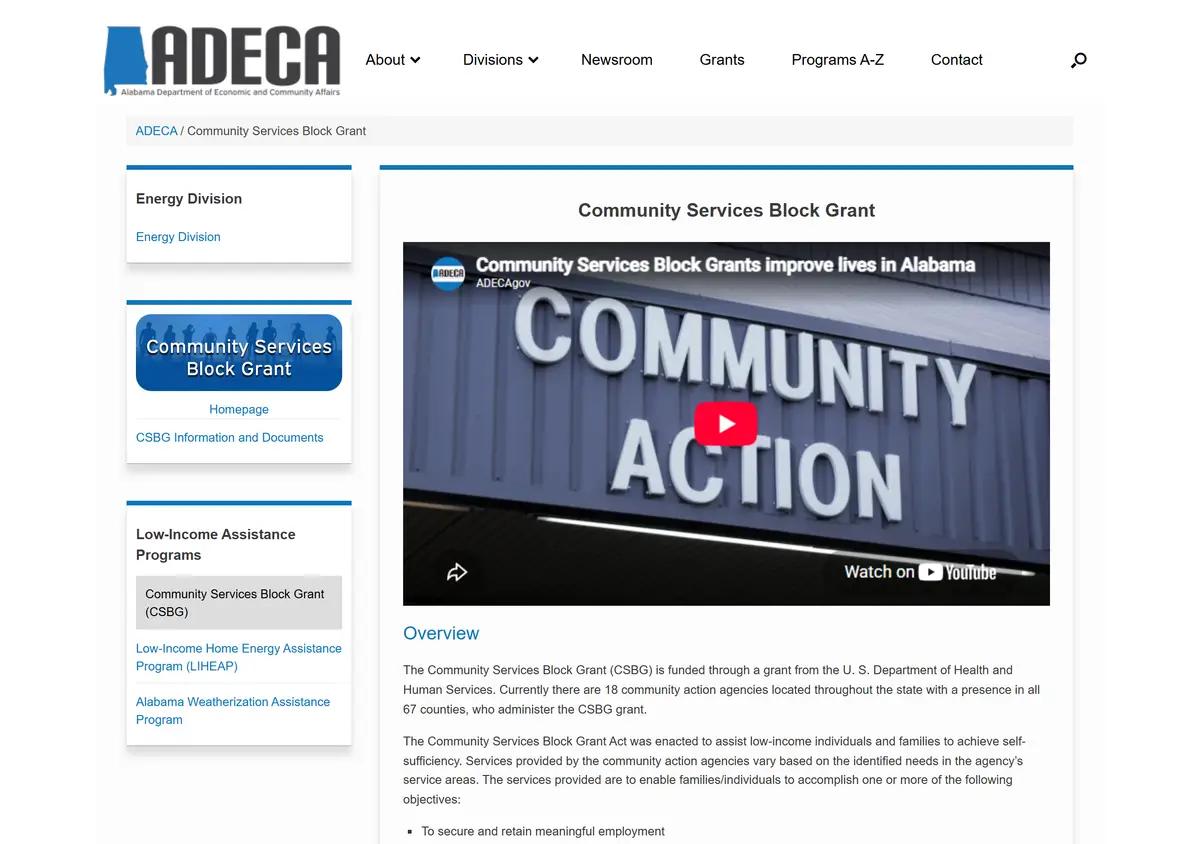 The Alabama ADECA Community Services Block Grant page.