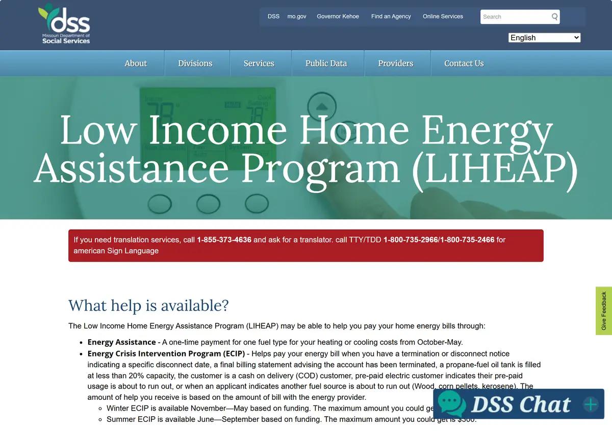 The Missouri MyDSS utility assistance LIHEAP page.