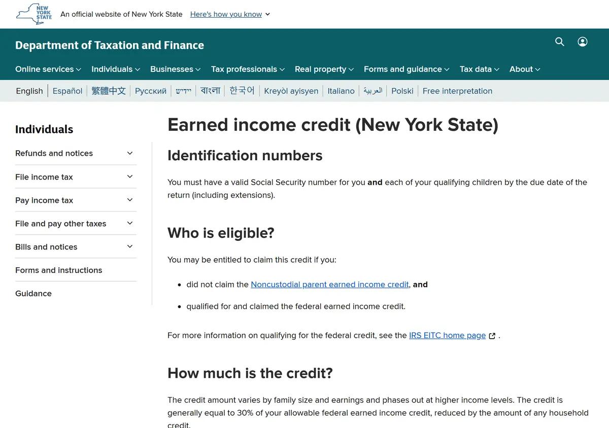 The NYS Tax Department earned income credit page describing the 30 percent state credit and form IT-215.