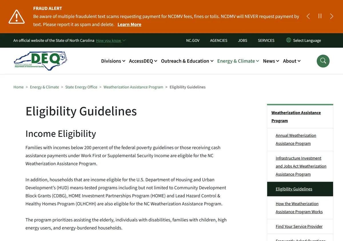 The NC DEQ weatherization eligibility guidelines page.