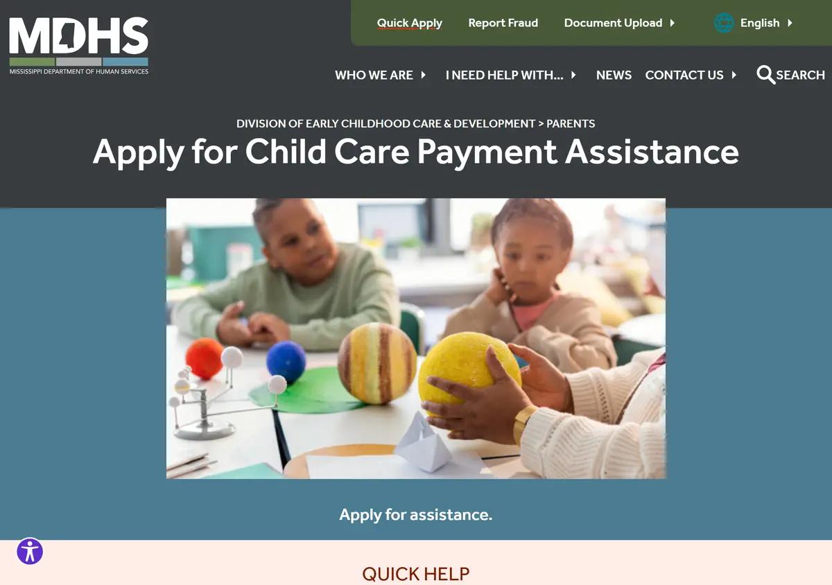 The Mississippi MDHS Child Care Payment Program apply page.