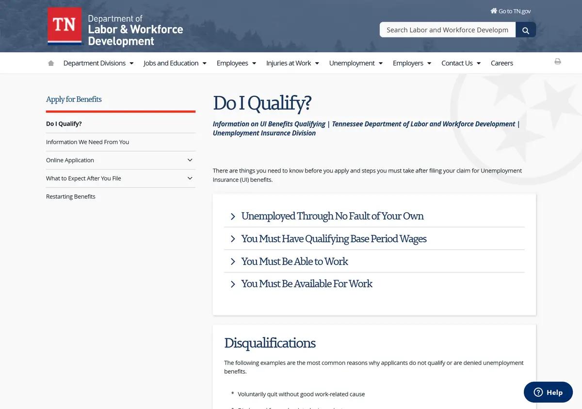 The Tennessee unemployment do-I-qualify page.