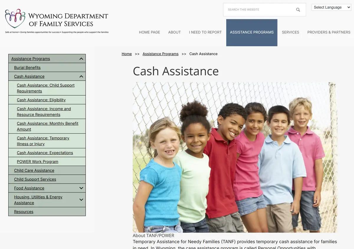 The Wyoming DFS cash assistance page.