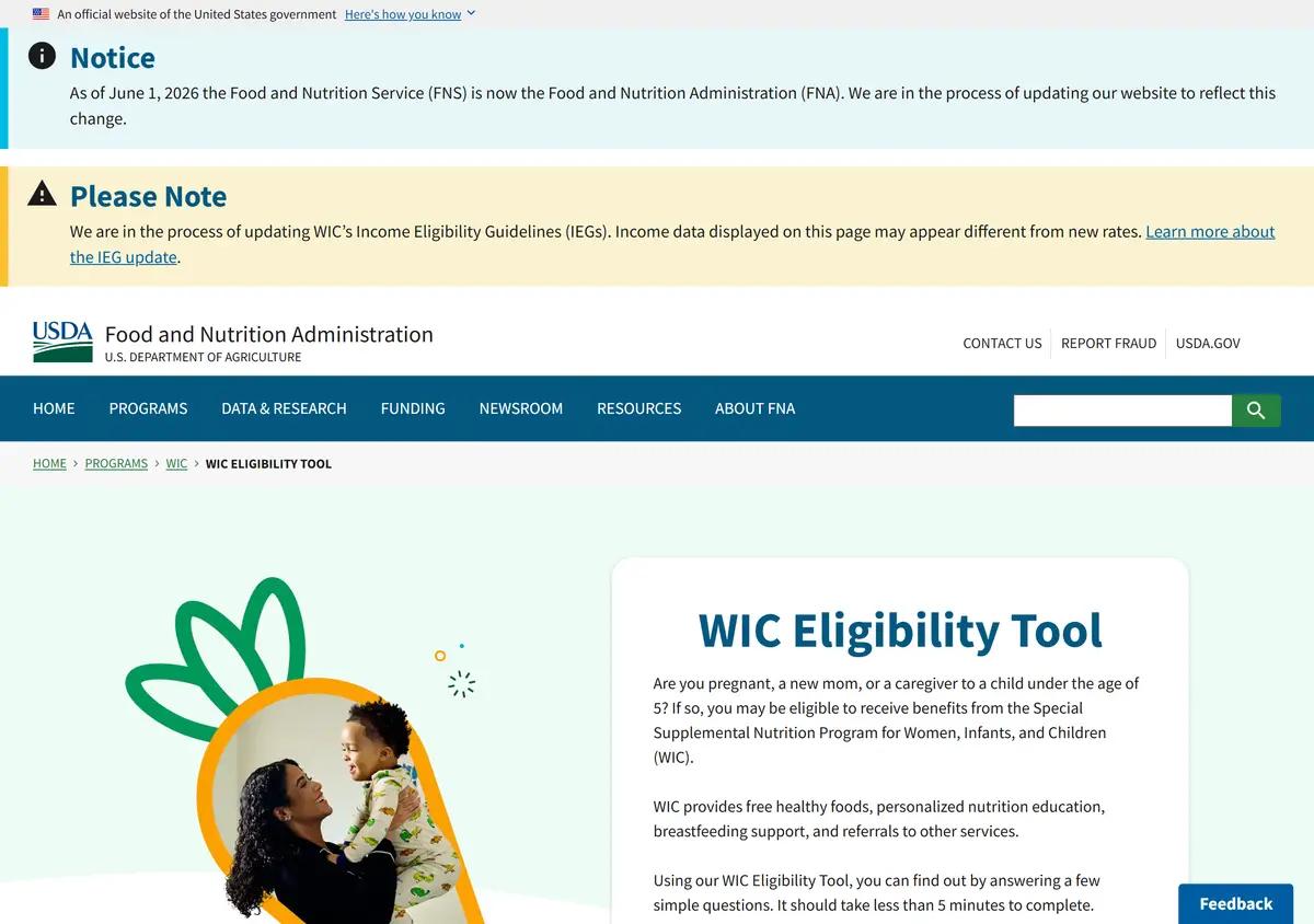 The USDA WIC prescreening eligibility tool.