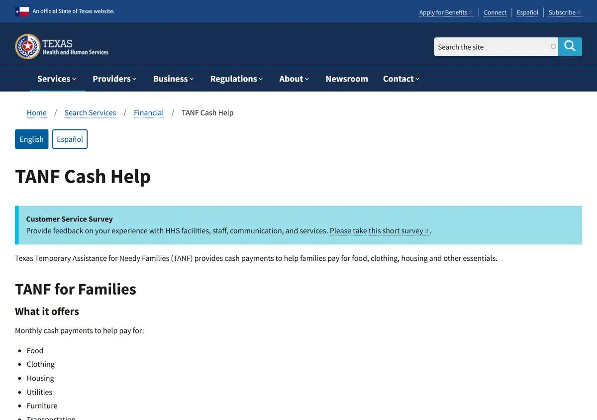 The Texas TANF Cash Help page.