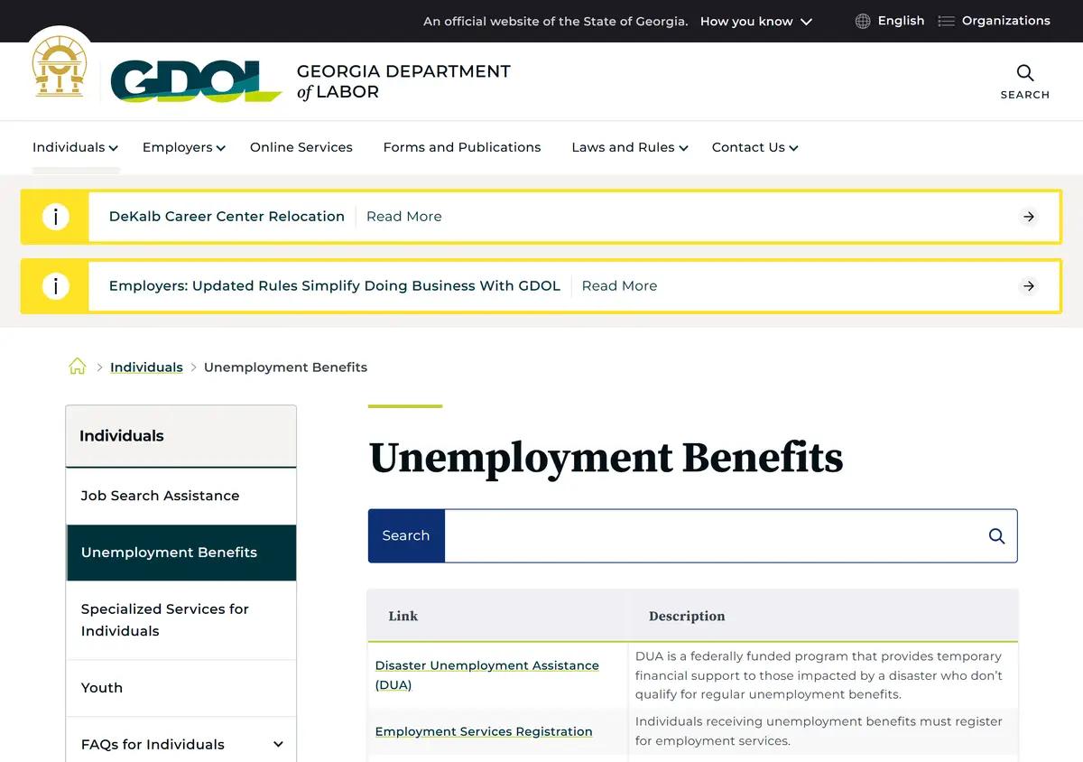 The Georgia Department of Labor page with the MyUI Claimant Portal.