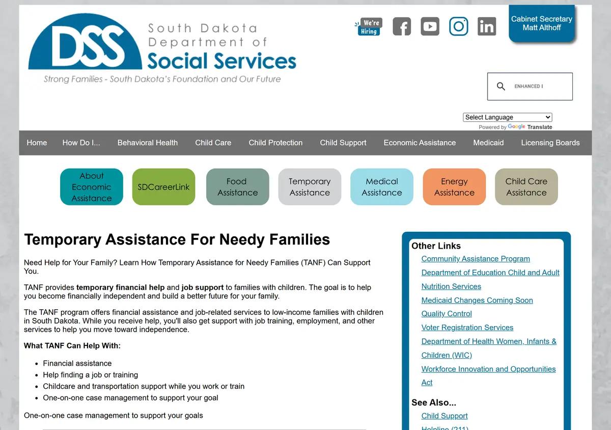 The South Dakota DSS TANF program page.