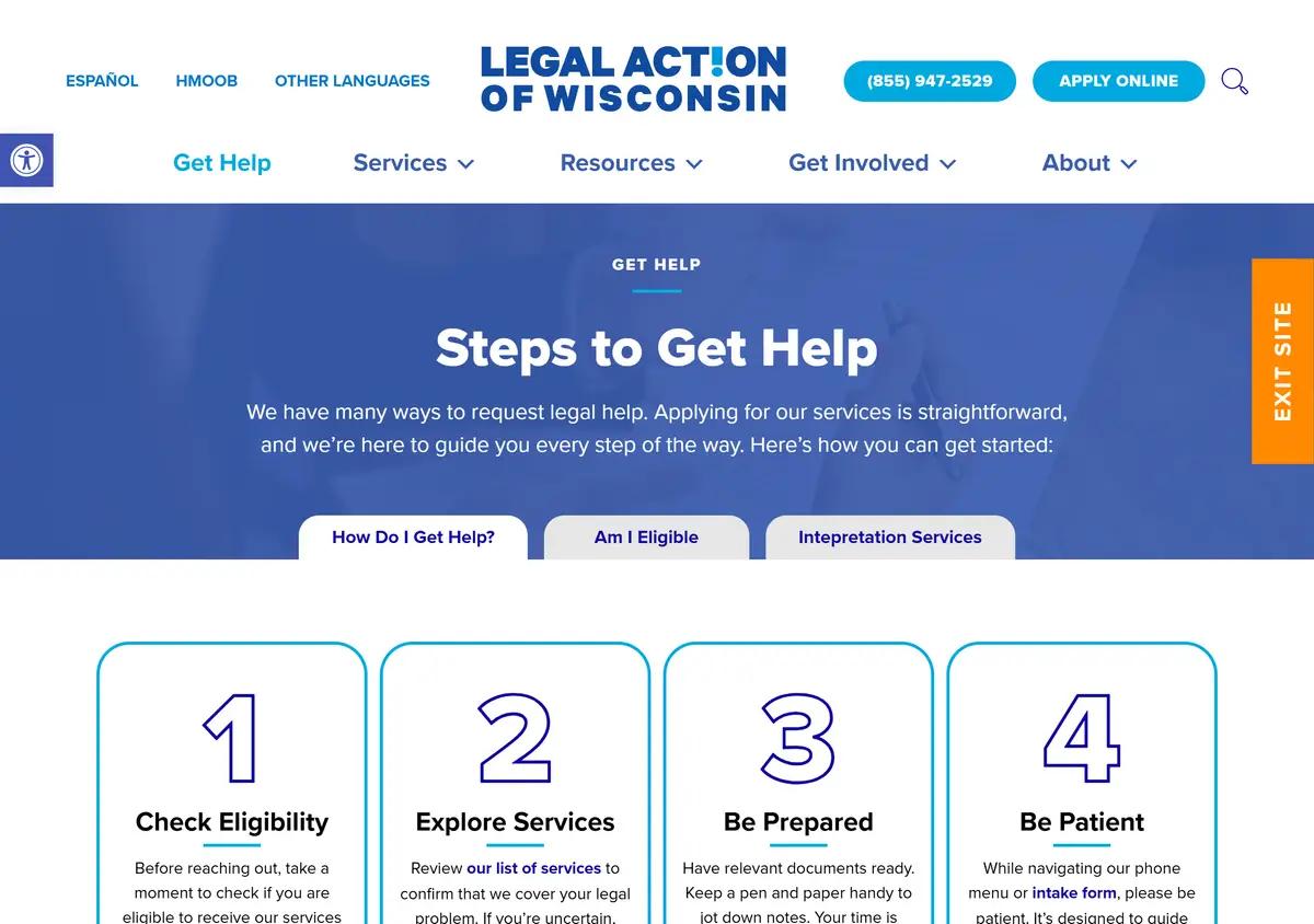 The Legal Action of Wisconsin get-help intake page.