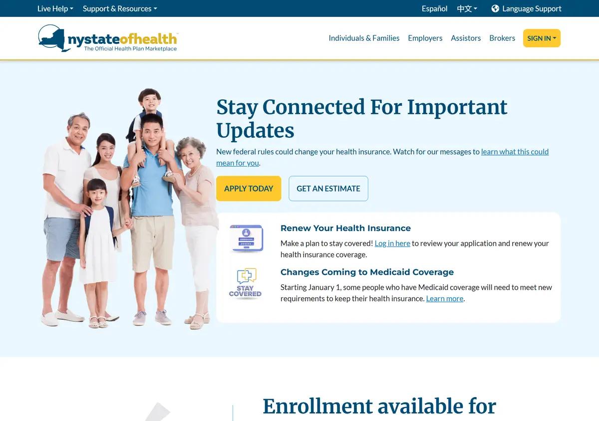 The NY State of Health marketplace homepage, New York's official health insurance application site.