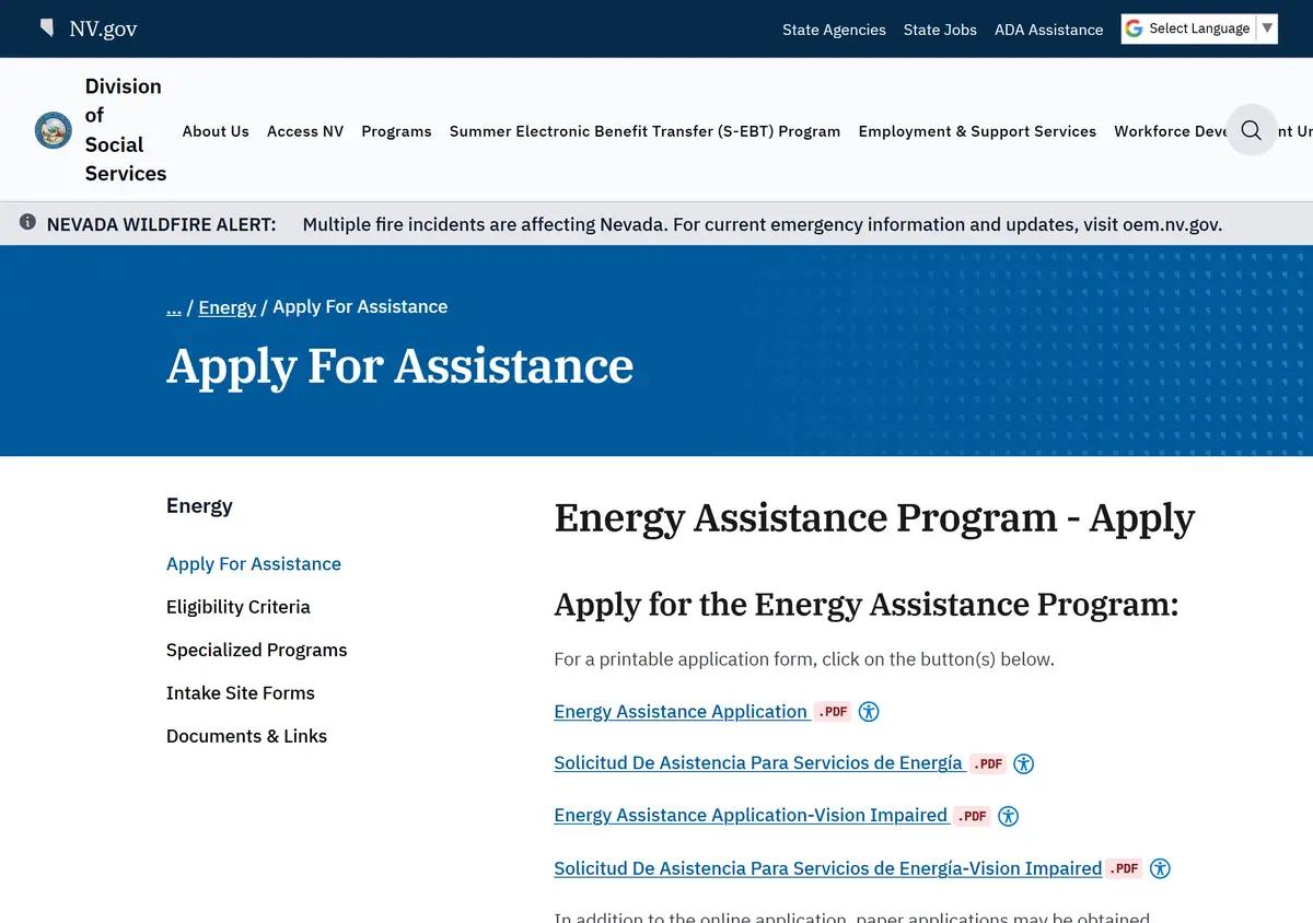 The Nevada Energy Assistance Program apply page.