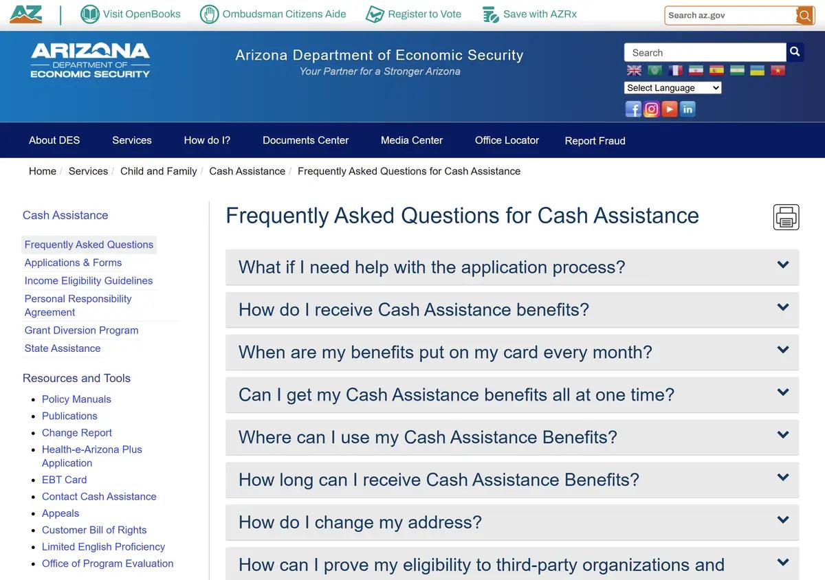 The DES Cash Assistance FAQ page.