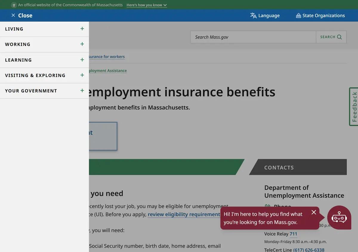 The Massachusetts apply-for-unemployment page.
