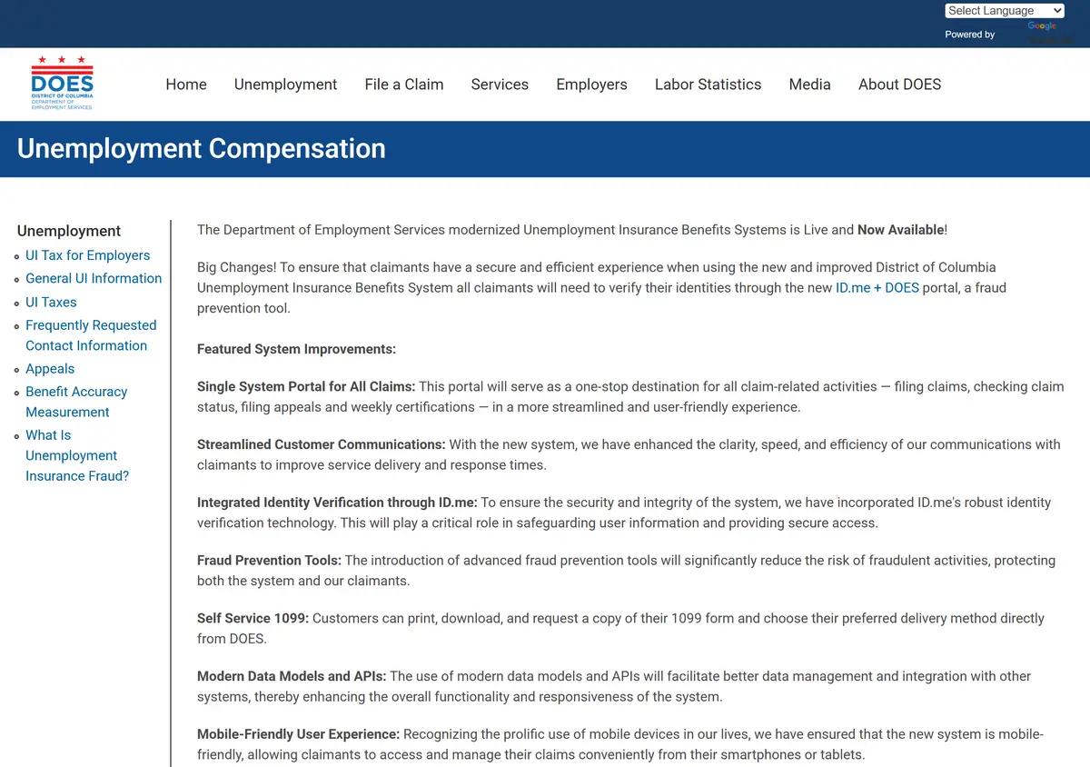 The DC Department of Employment Services unemployment compensation page.