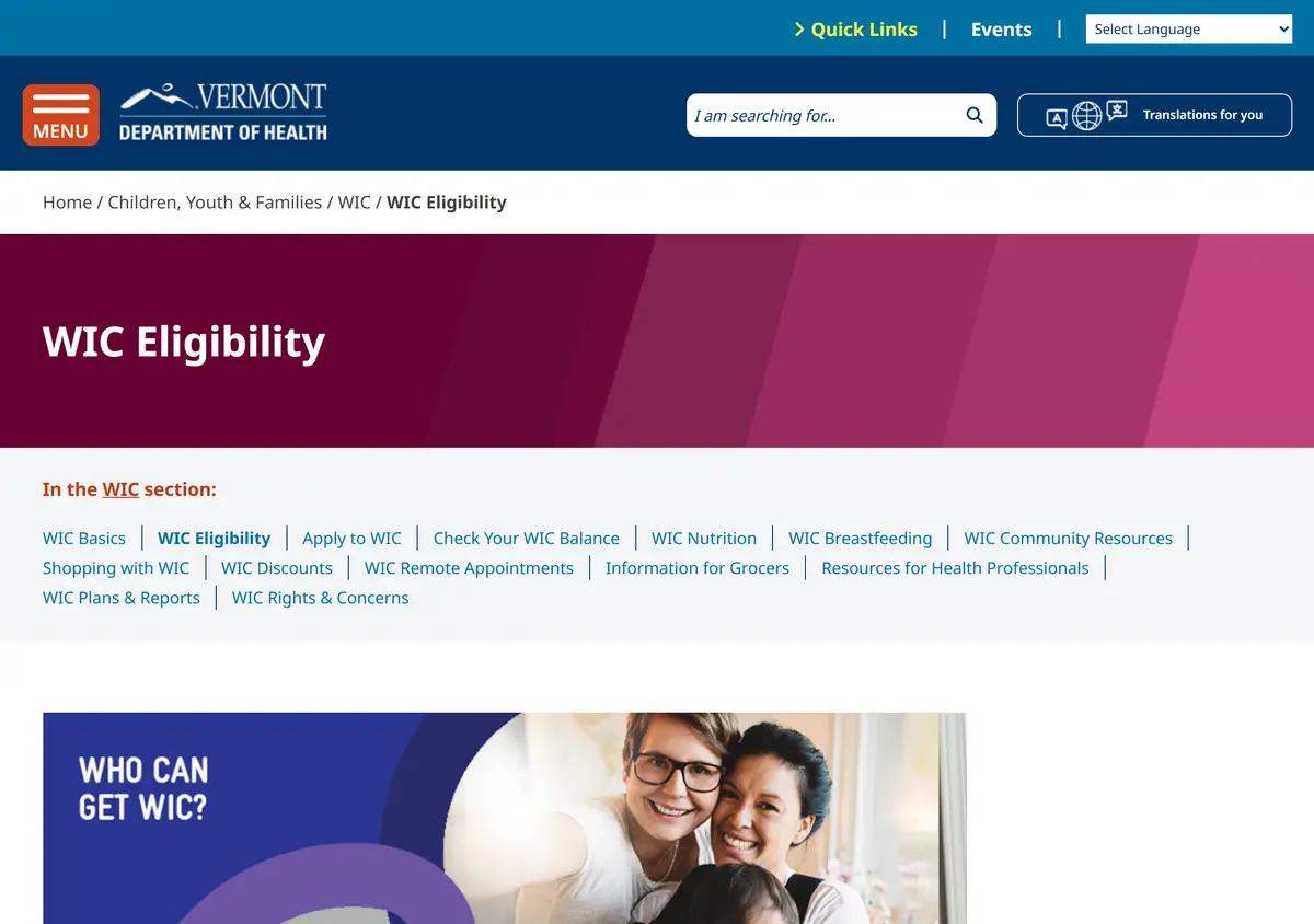 The Vermont WIC eligibility page.