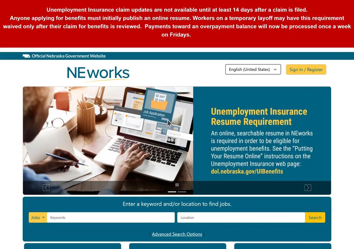The NEworks Nebraska unemployment portal.